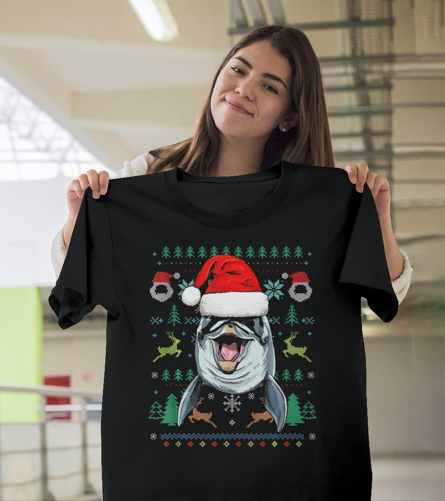 Dolphin in Santa Hat Ugly Christmas Sweater Reindeer Snowflakes Trees T-Shirt