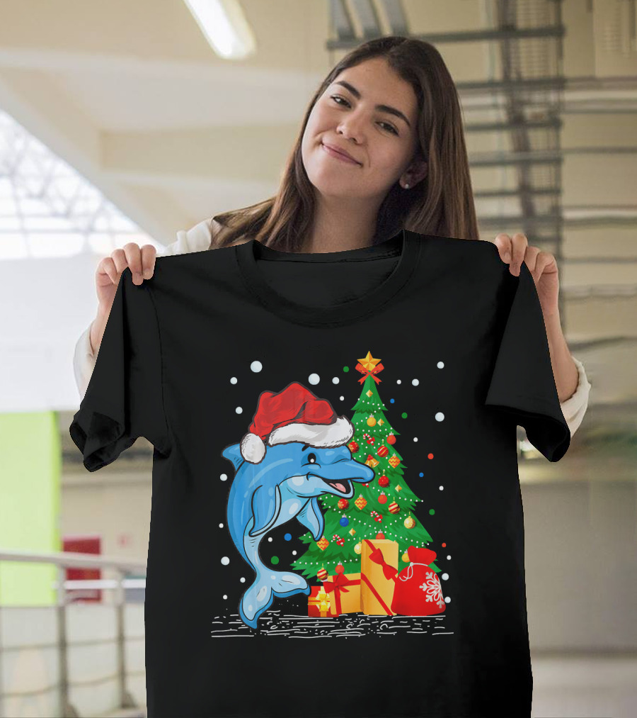 Funny Dolphin Lover Santa Hat Christmas Tree Gifts T-Shirt