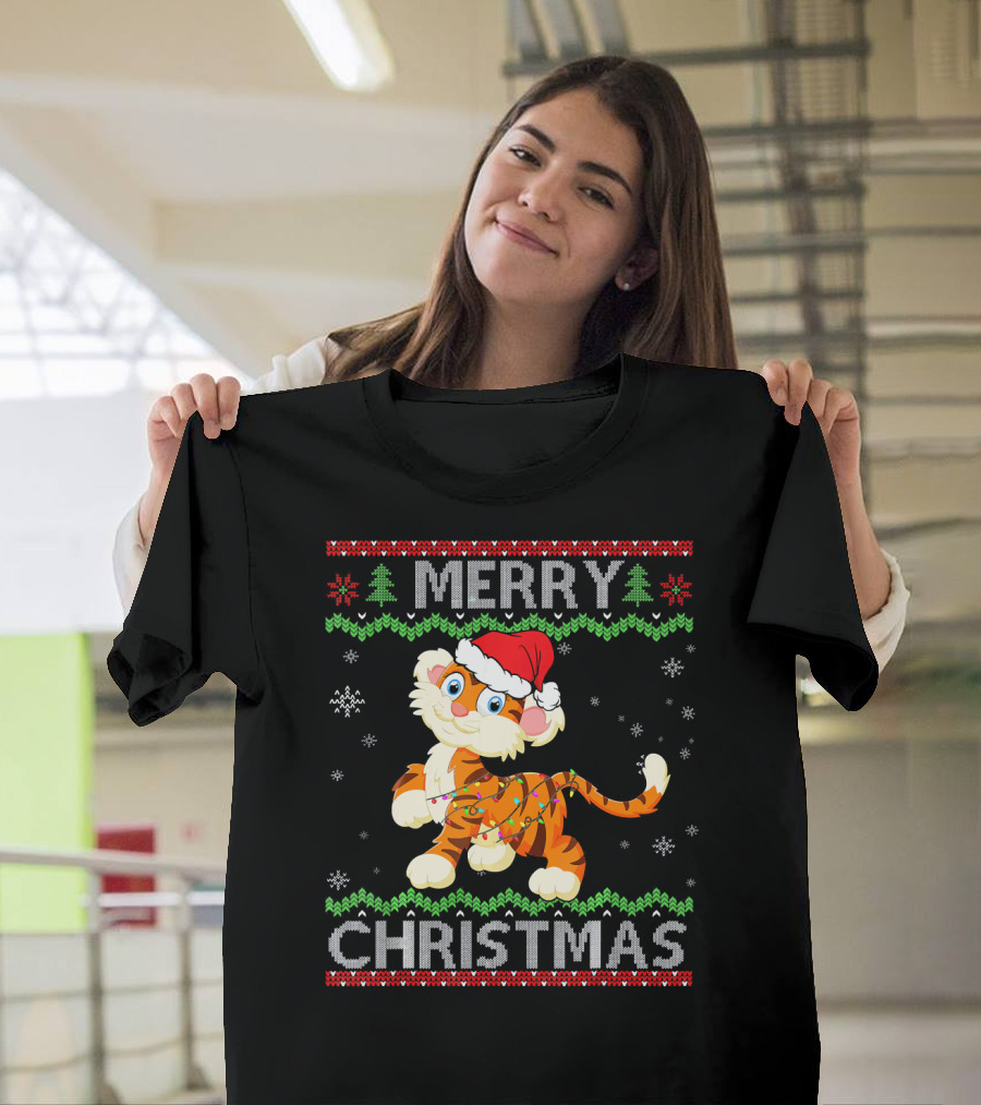 Merry Christmas Funny Tiger with Santa Hat and Lights T-Shirt