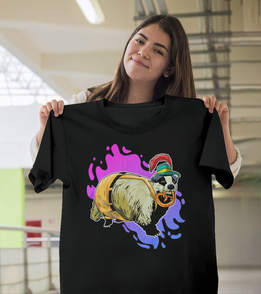 Bavarian Badger in Lederhosen with Pretzel Oktoberfest T-Shirt