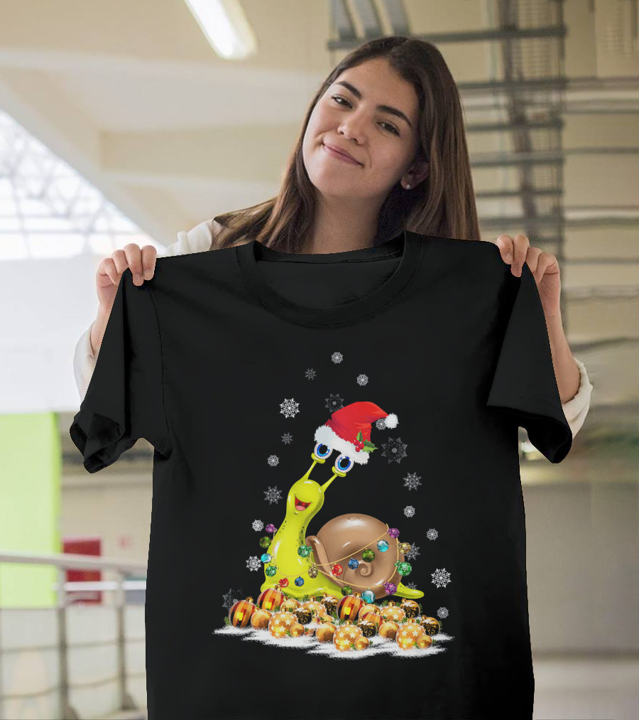 Snail with Christmas Hat and Lights Surrounded by Snowflakes and Ornaments T-Shirt