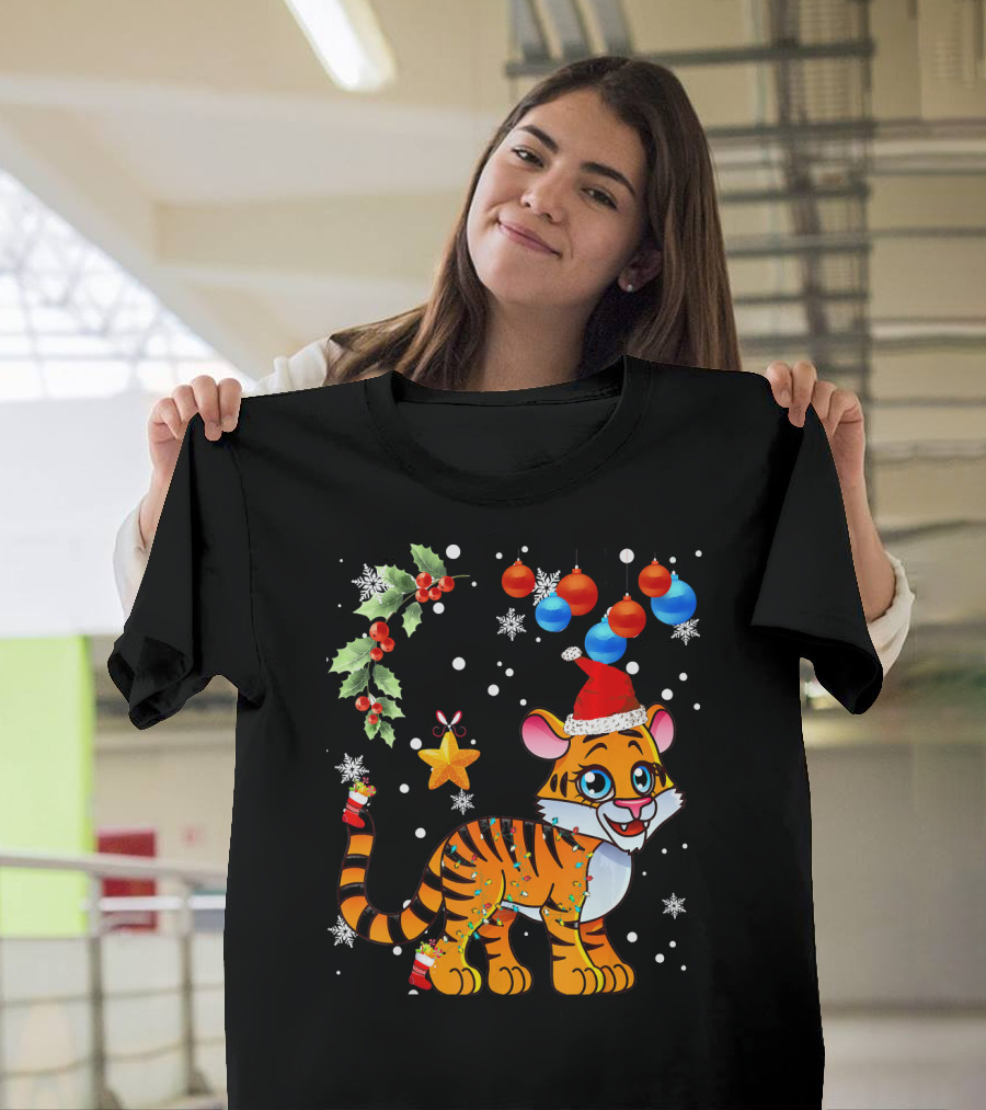 Christmas Tiger with Santa Hat and Ornaments T-Shirt
