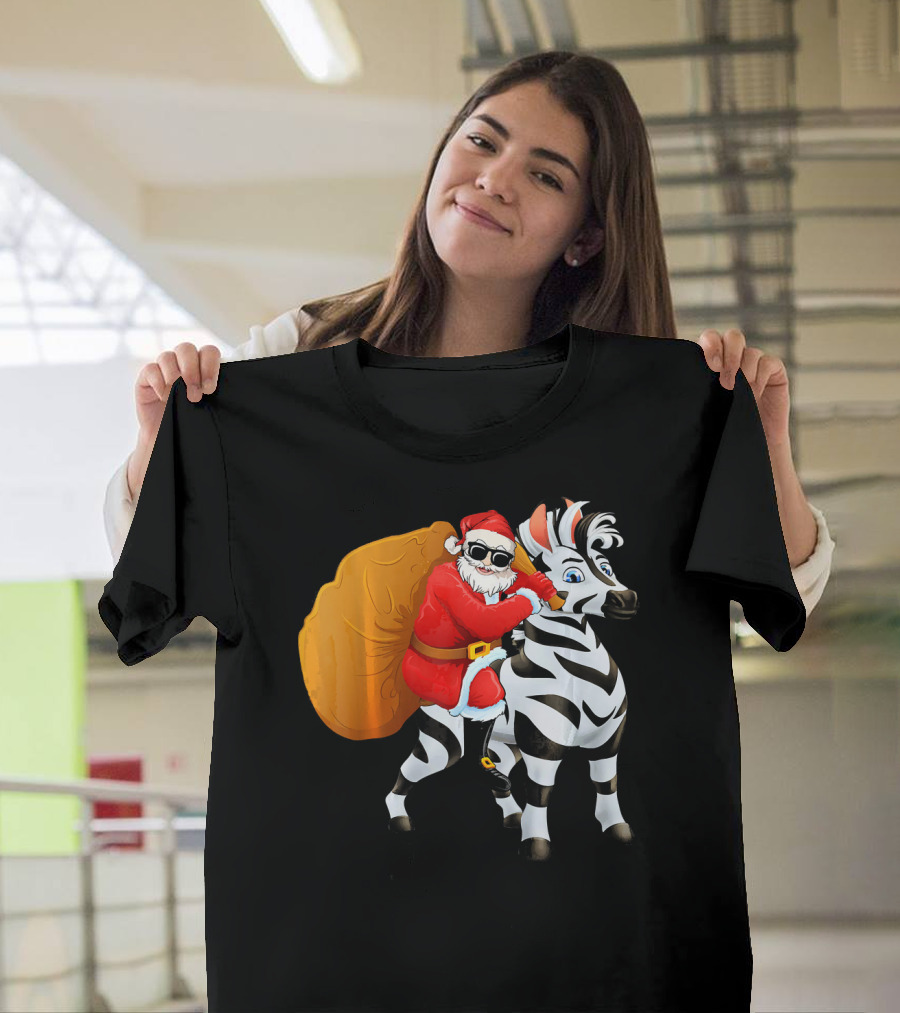 Santa Claus Riding Zebra with Sack and Sunglasses T-Shirt
