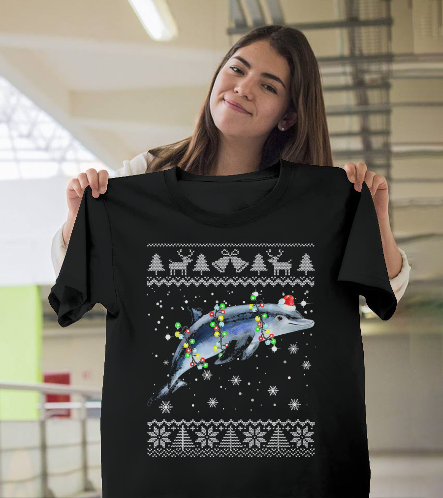 Dolphin Christmas Lights Ugly Sweater Reindeer Snowflakes T-Shirt