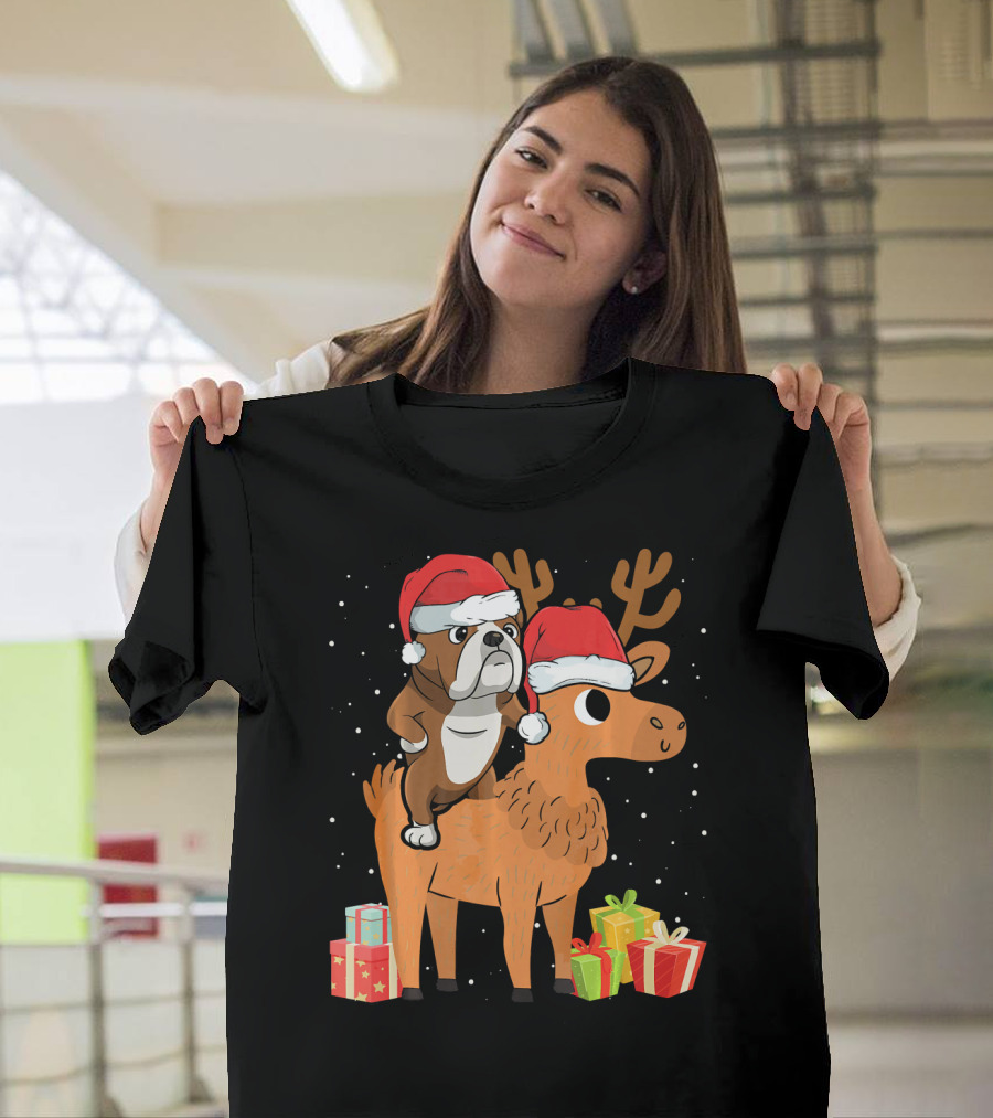 Funny English Bulldog Riding Deer with Christmas Santa Hats and Presents T-Shirt