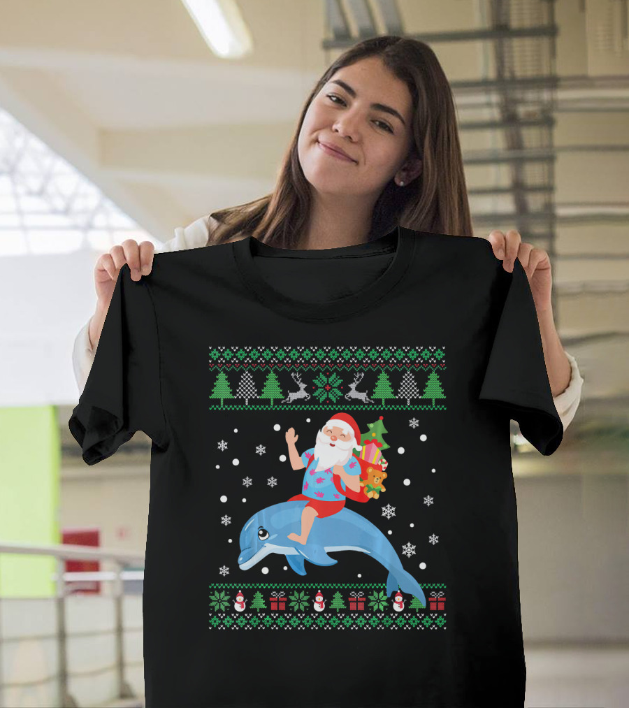 Santa Claus Tropical Christmas Riding Dolphin Ugly T-Shirt