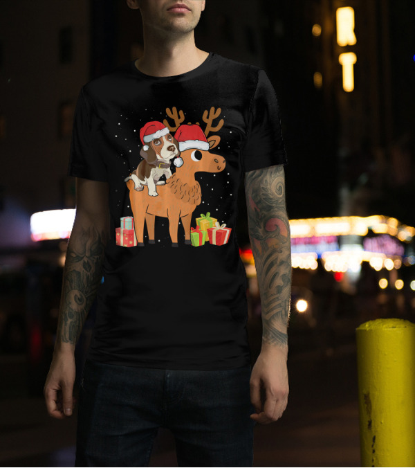 Funny Beagle In Santa Hat Riding Reindeer With Christmas Presents T-Shirt