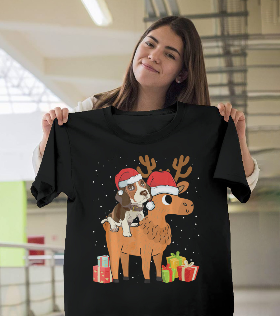 Funny Beagle in Santa Hat Riding Reindeer with Christmas Presents T-Shirt