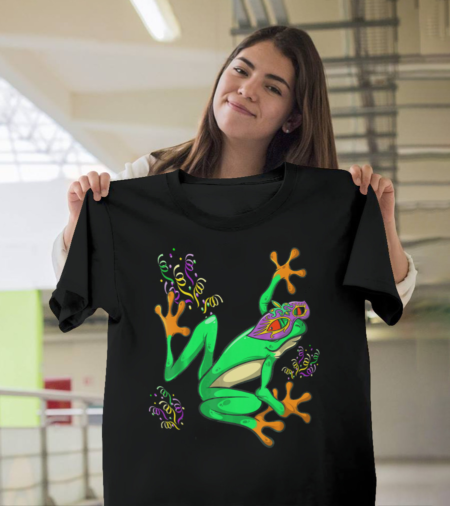 Frog Mardi Gras Mask and Colorful Confetti T-Shirt