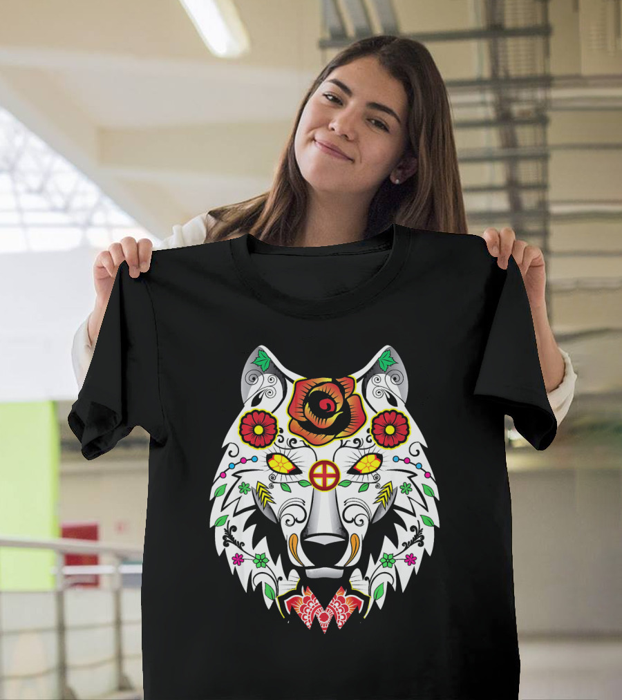 Floral Sugar Skull Wolf with Colorful Floral Patterns and Decorative Elements T-Shirt