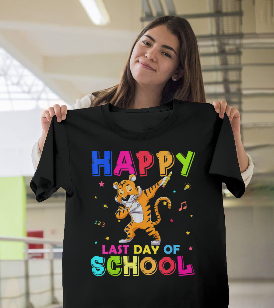 Happy Last Day of School Dabbing Tiger with Colorful Stars and Musical Notes T-Shirt