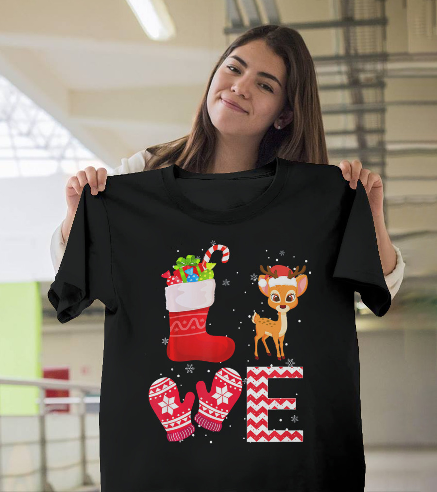 Christmas Love Deer with Stocking and Mittens T-Shirt
