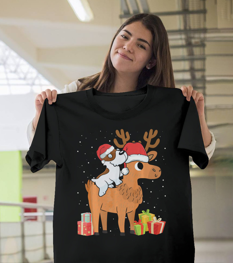 Funny Jack Russell Terrier in Santa Hats Riding Reindeer with Presents T-Shirt