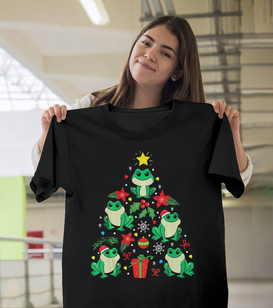 Frog Christmas Ornament Tree with Santa Hat and Gifts T-Shirt