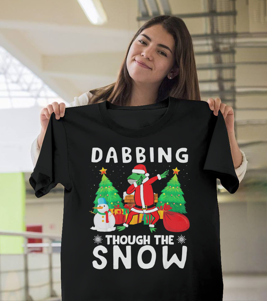 Dabbing Frog Santa with Snowman and Christmas Trees Through The Snow T-Shirt