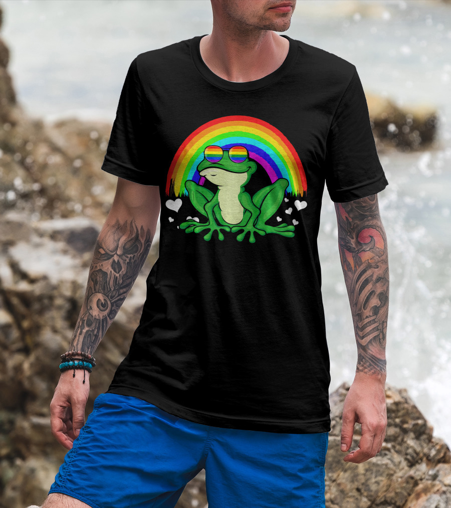 Frog Rainbow Flag Sunglasses Gay Pride Hearts T-Shirt