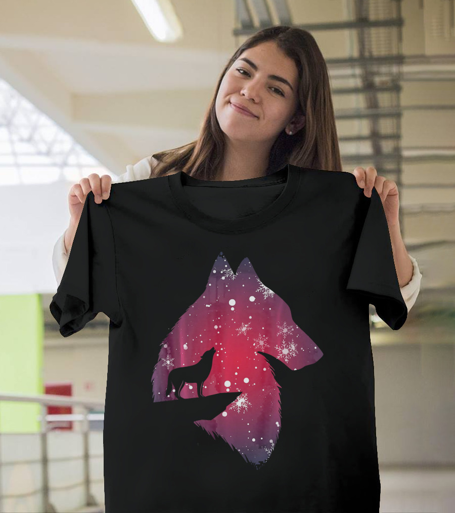 Funny Christmas Wolf with Snowfall and Snowflakes T-Shirt