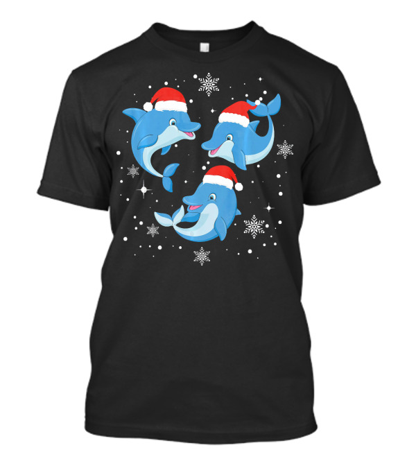 Funny Dolphins With Santa Hats Xmas Merry Snowflakes T-Shirt