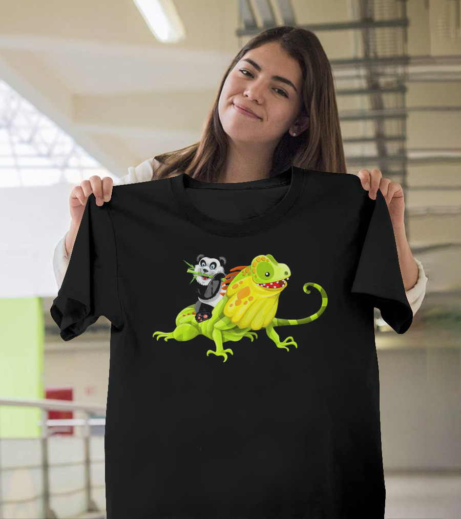 Fun Panda Bear Riding Iguana Lizard T-Shirt