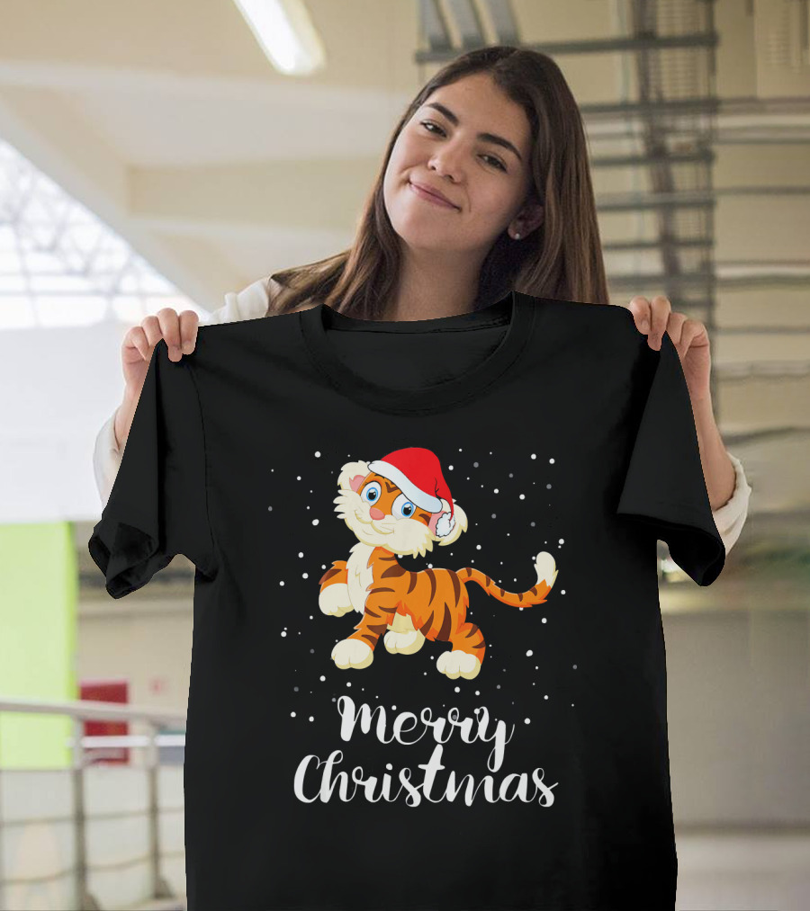 Merry Christmas Cute Tiger Wearing Santa Hat T-Shirt