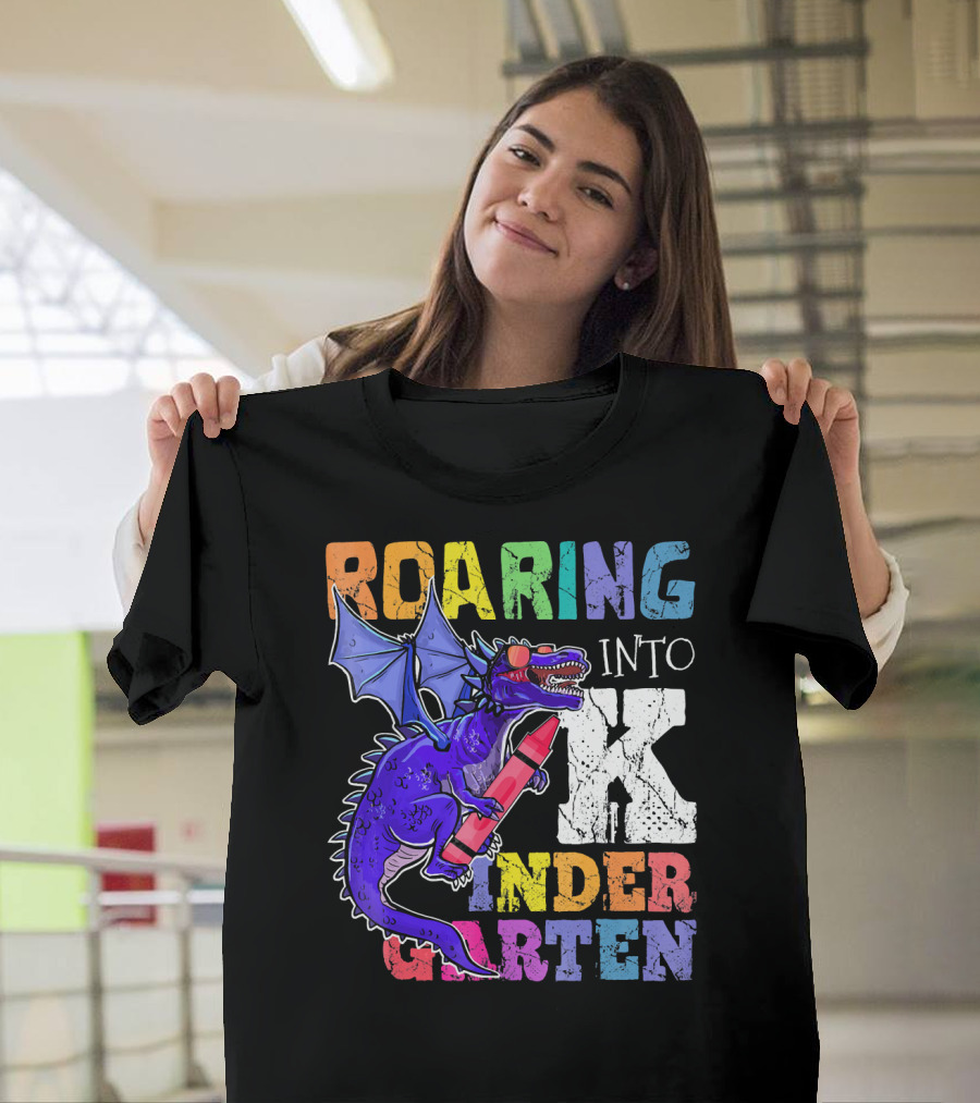 Roaring Into Kindergarten Dragon Holding Crayon T-Shirt