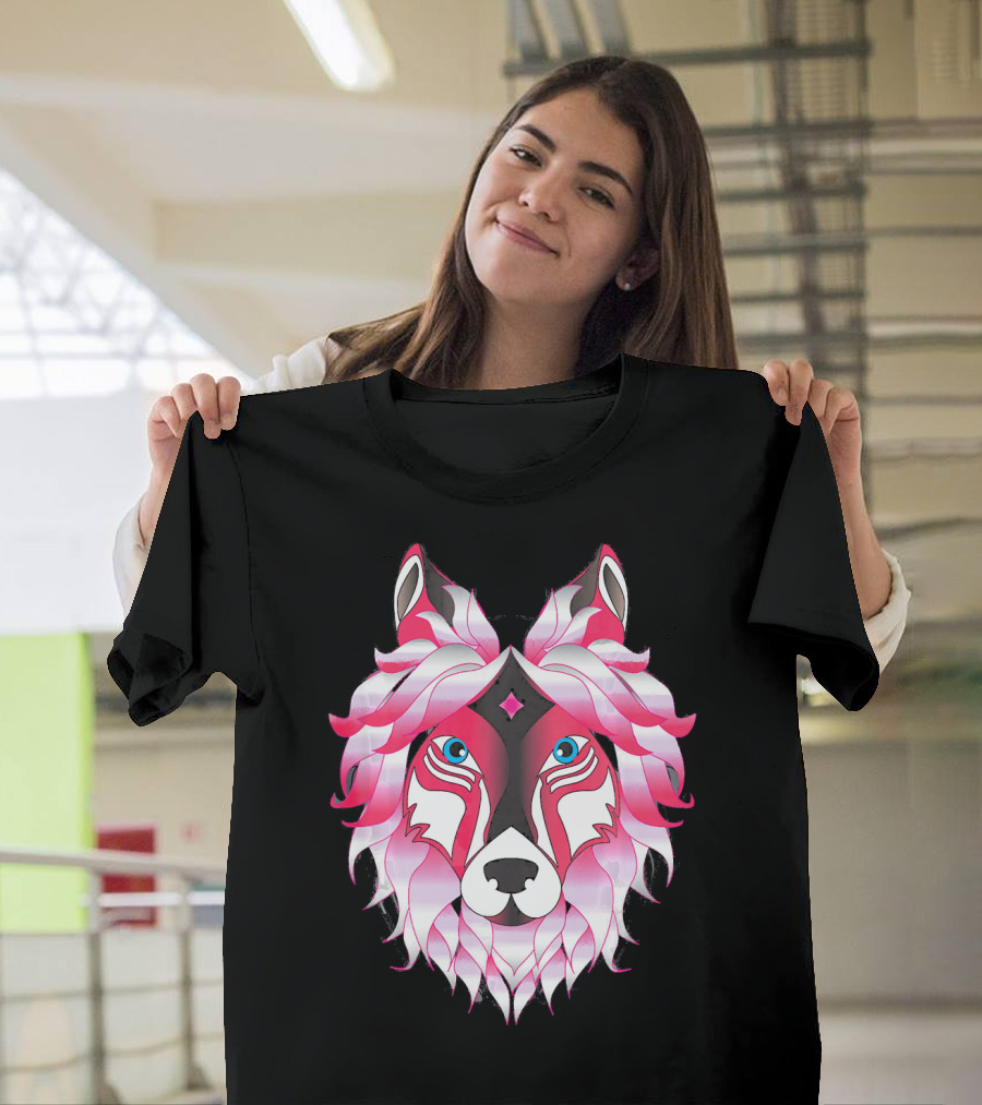 Pink Wolf Vibrant Whimsical Face with Flowing Mane T-Shirt