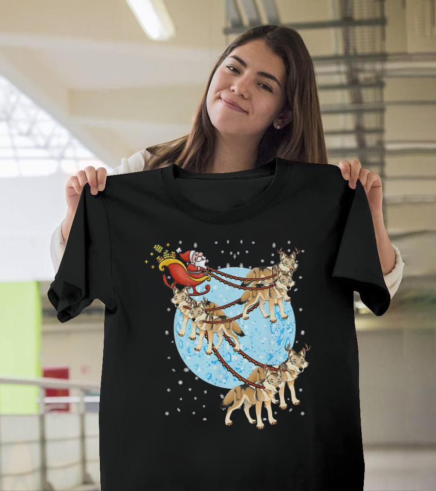 Santa Claus in Sleigh Pulled by Wolves with Reindeer Antlers T-Shirt