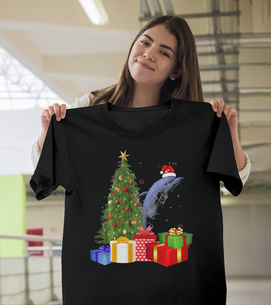Santa Dolphin Christmas Tree with Lights and Presents T-Shirt