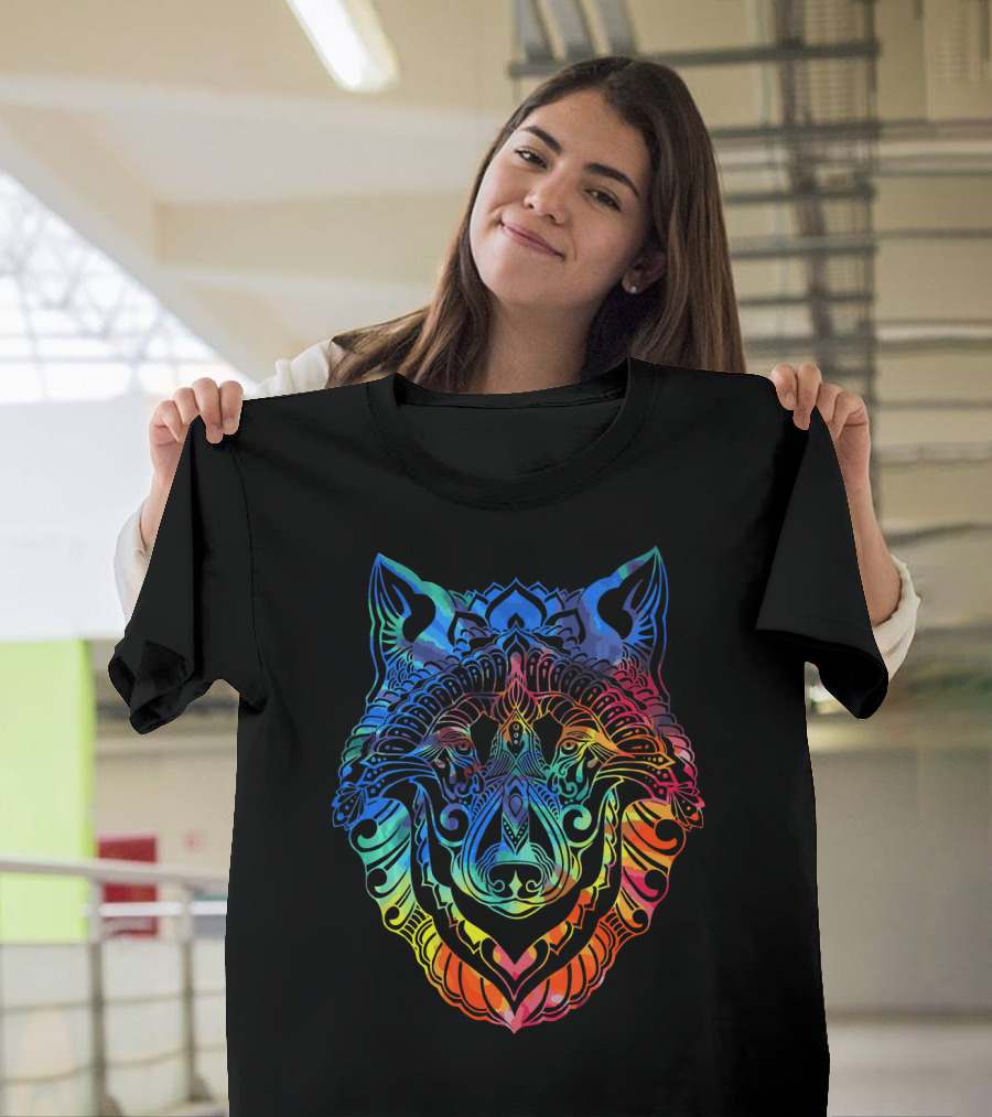 Tie Dye Wolf Mandala Rainbow T-Shirt