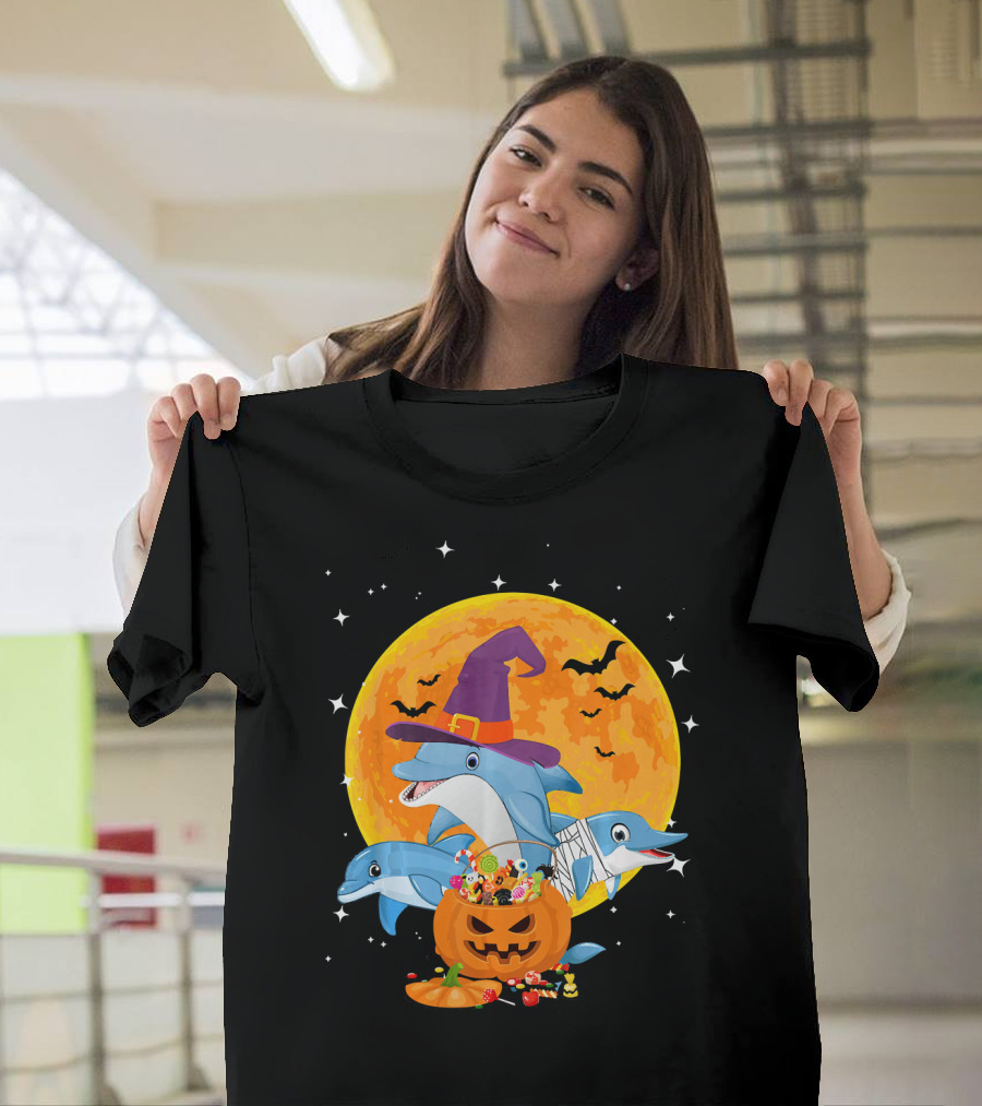 Three Dolphin Halloween Moon Pumpkin Trio T-Shirt