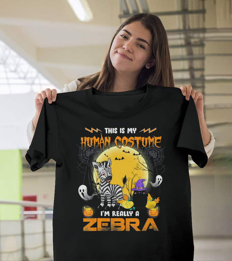 This Is My Human Costume I'm Really a Zebra Halloween Ghosts Pumpkins Full Moon Bats Spiders T-Shirt