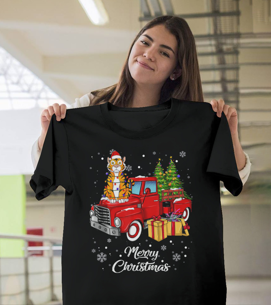 Merry Christmas Tiger on Red Truck with Presents and Christmas Tree T-Shirt