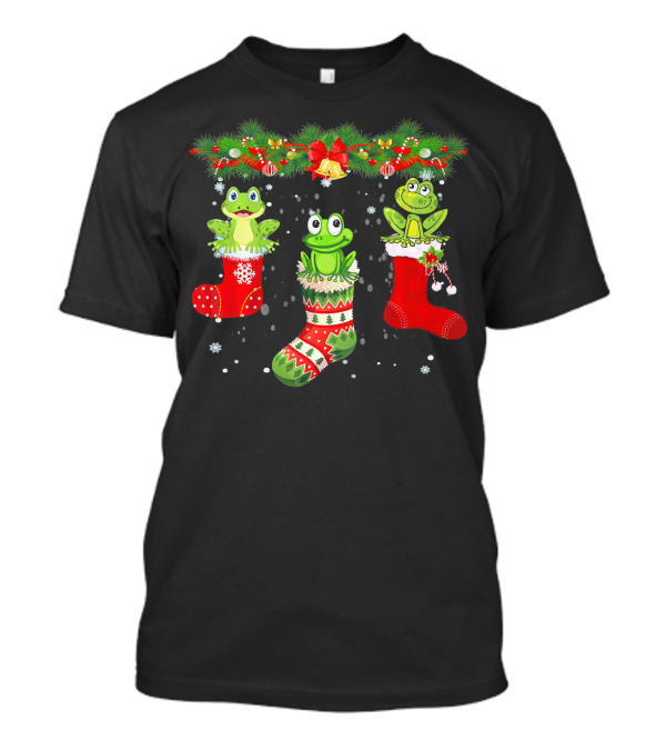 Three Frogs In Christmas Stockings Under Festive Garland With Santa Hat T-Shirt