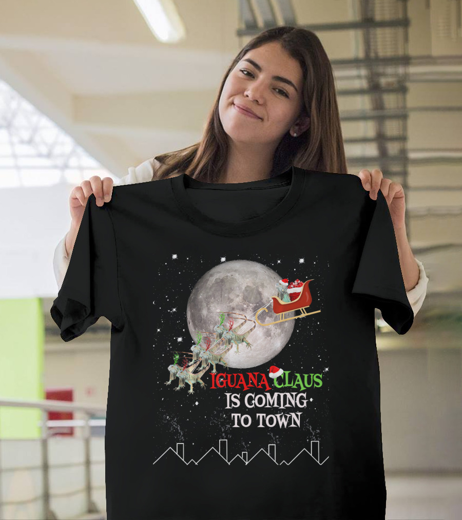 Iguana Claus Is Coming to Town Santa Claus Moon Sleigh Reindeer T-Shirt