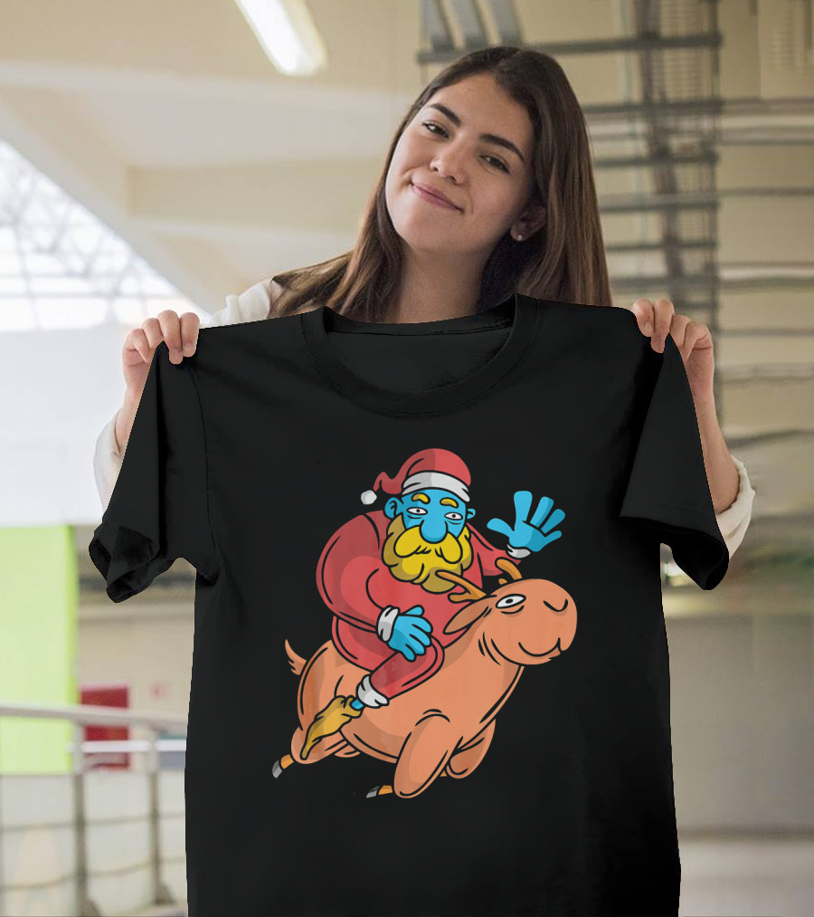 Santa Claus Riding Cartoon Deer with Blue Face Waving Hello T-Shirt