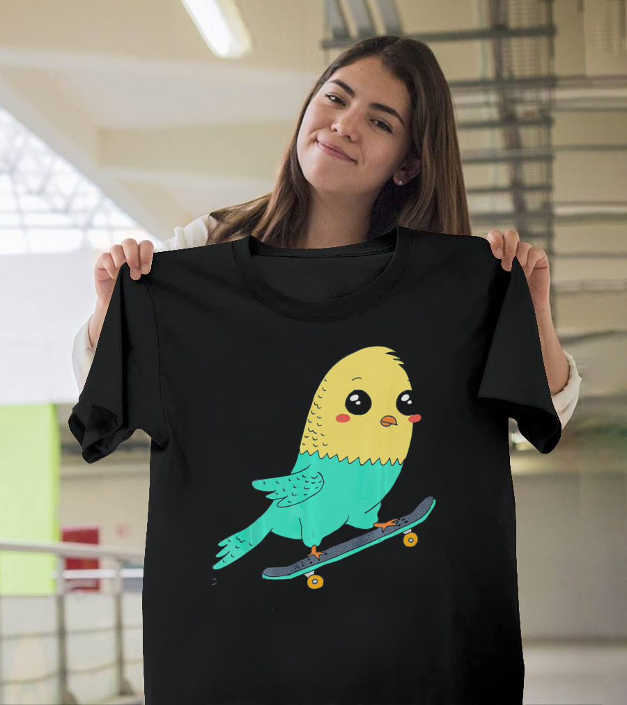 Skateboarding Parakeet Adorable Bird Fun T-Shirt