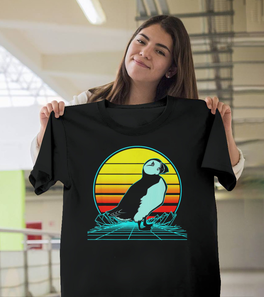 Retro Puffin Neon Synthwave Sunset Horizon T-Shirt