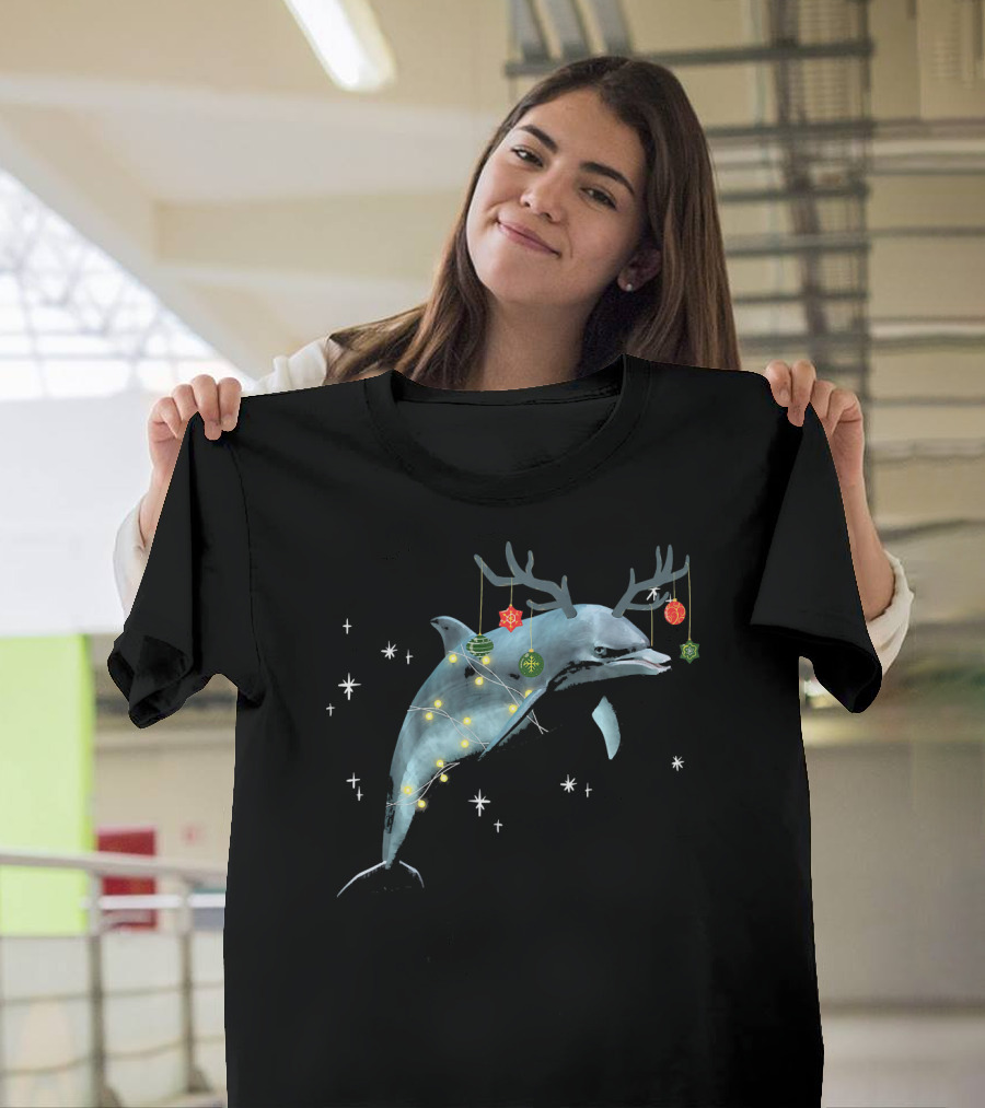 Santa Dolphin Reindeer Lights Holiday Ornaments T-Shirt