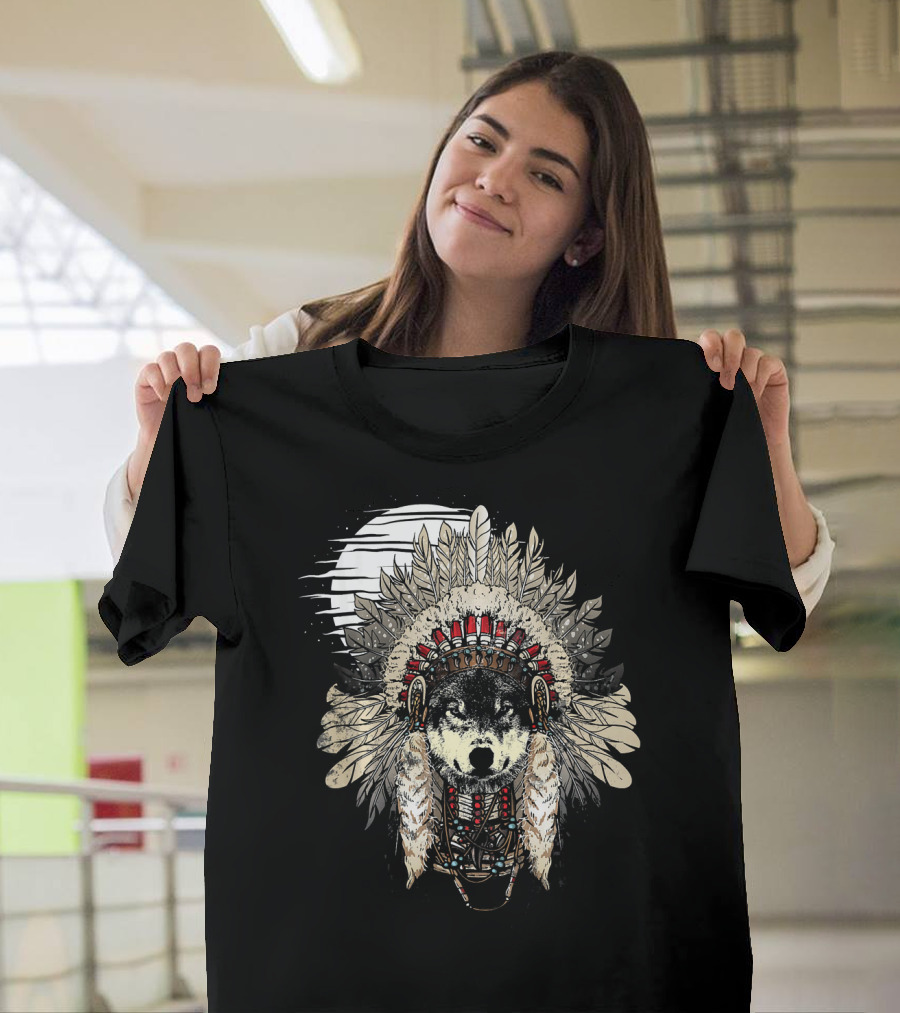 Wolf Moon Native American Headdress Wolf Spirit Moonlit Night T-Shirt