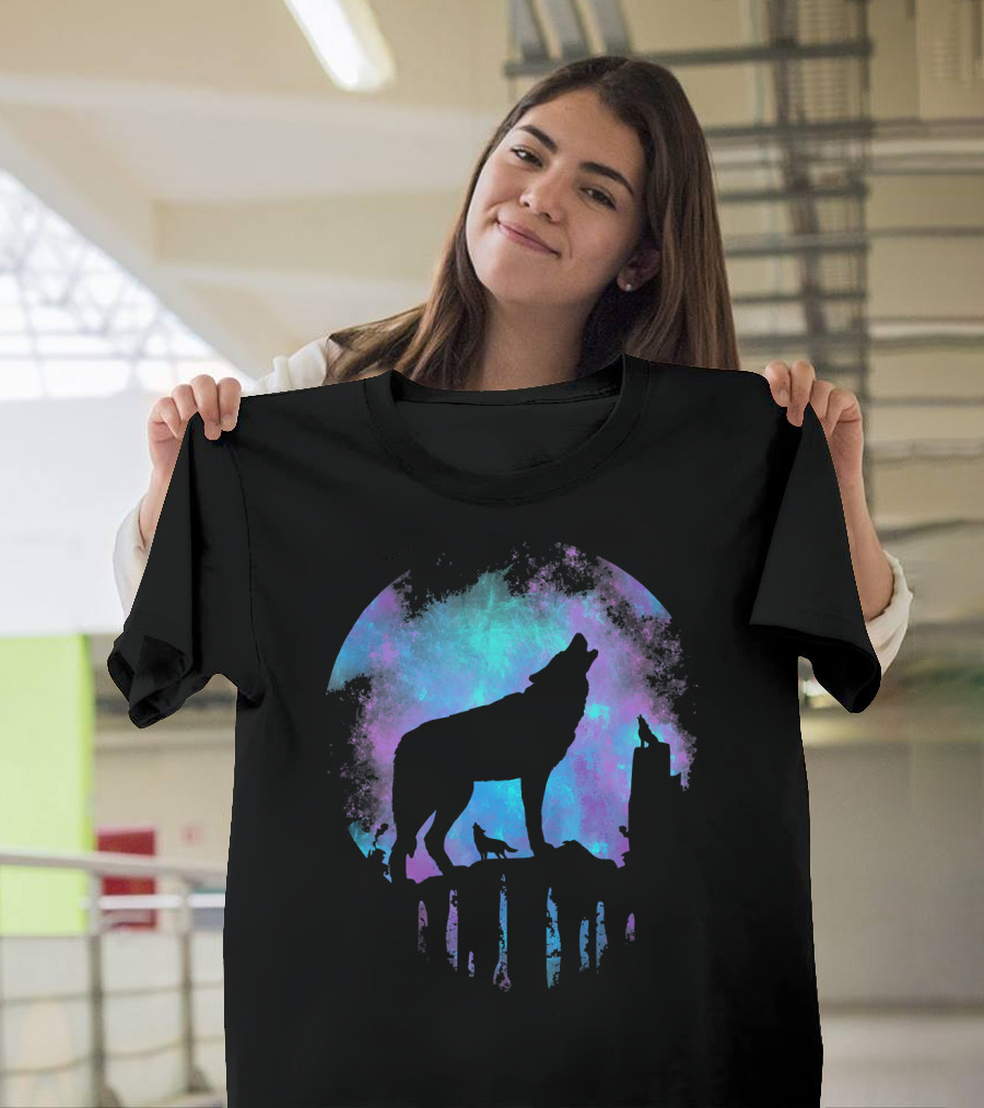 Wolf Howling at Cosmic Moon T-Shirt