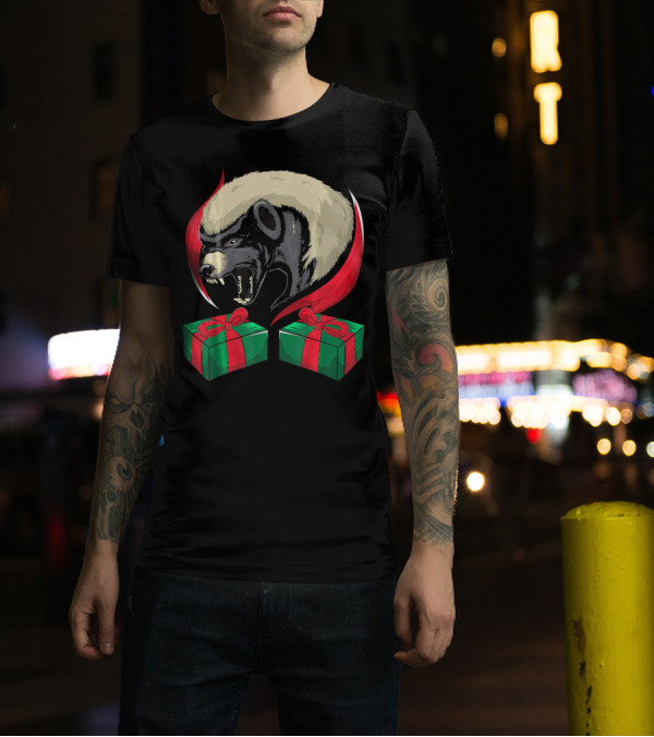 Xmas Christmas Honey Badger With Gifts And Red Ribbons T-Shirt
