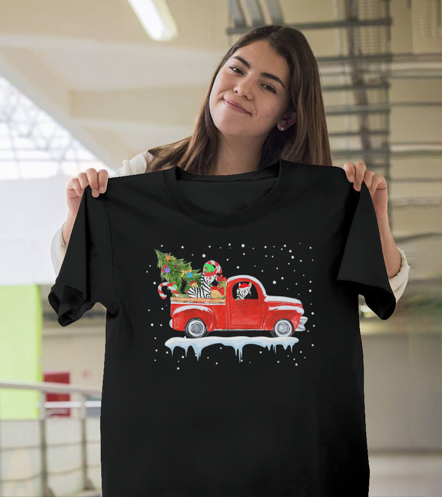 Christmas Zebra in Red Truck with Festive Tree and Gifts T-Shirt