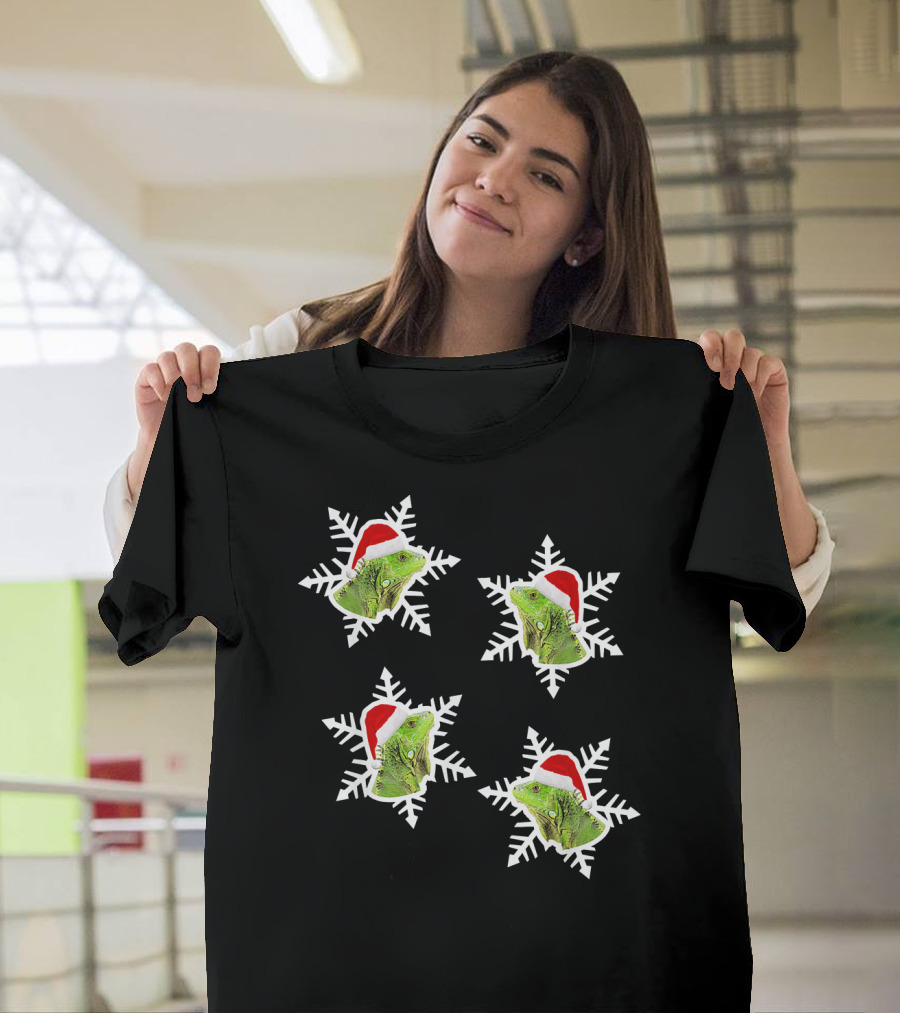 Weird Christmas Iguana Snowflake Santa Hat T-Shirt