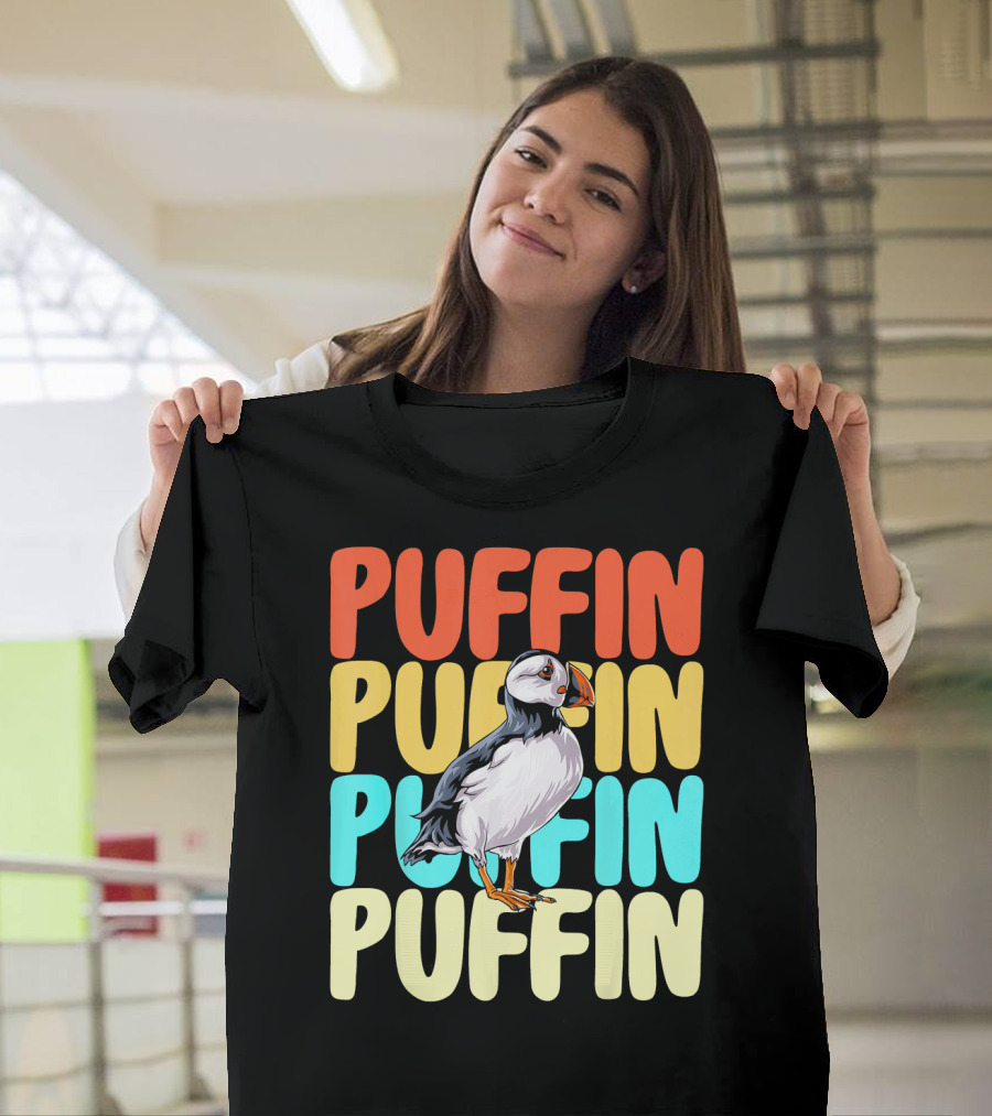 Puffin Vintage Rainbow Bird Text Layers T-Shirt