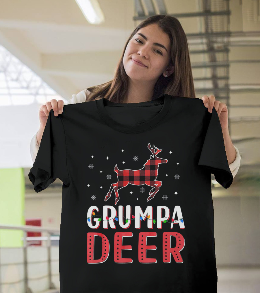 Grumpa Deer Xmas Light Pattern with Snowflakes and Plaid Reindeer T-Shirt