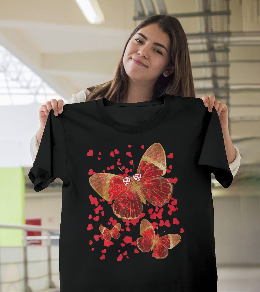 Butterfly Lover Hearts and Sunglasses with Red Butterflies and Scattered Hearts T-Shirt