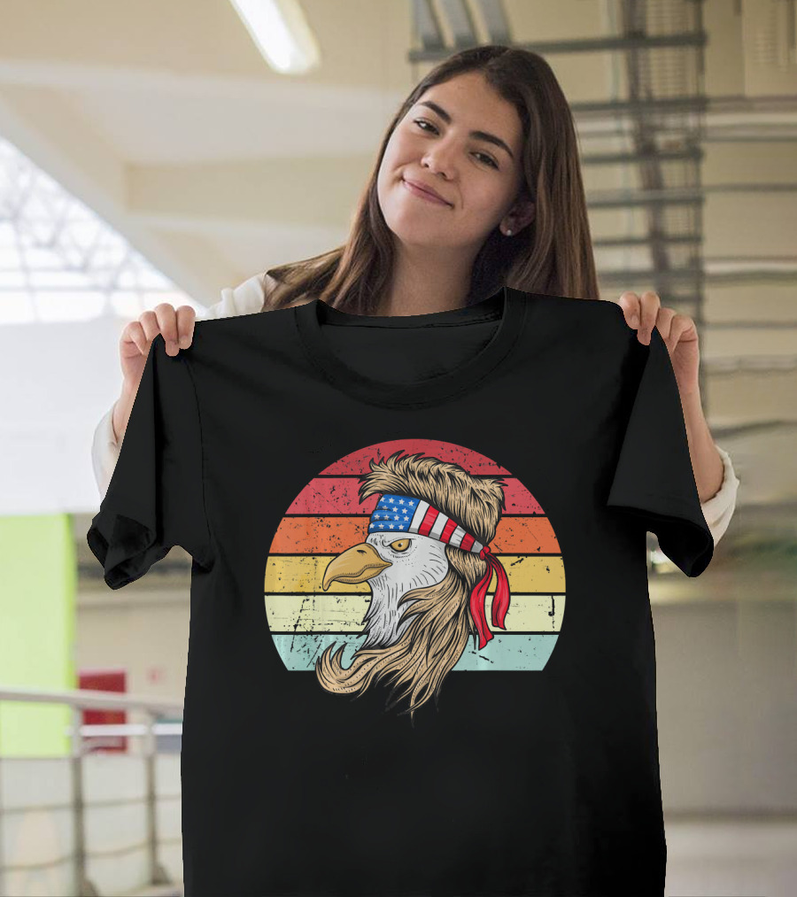 Retro American Flag Bandana Mullet Bald Eagle 4th of July T-Shirt