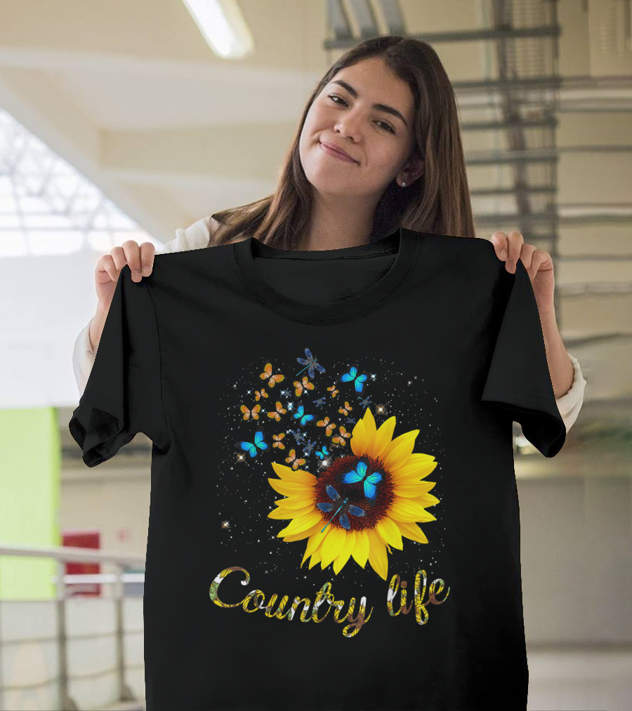 Country Life Sunflower Butterfly Night Sky T-Shirt