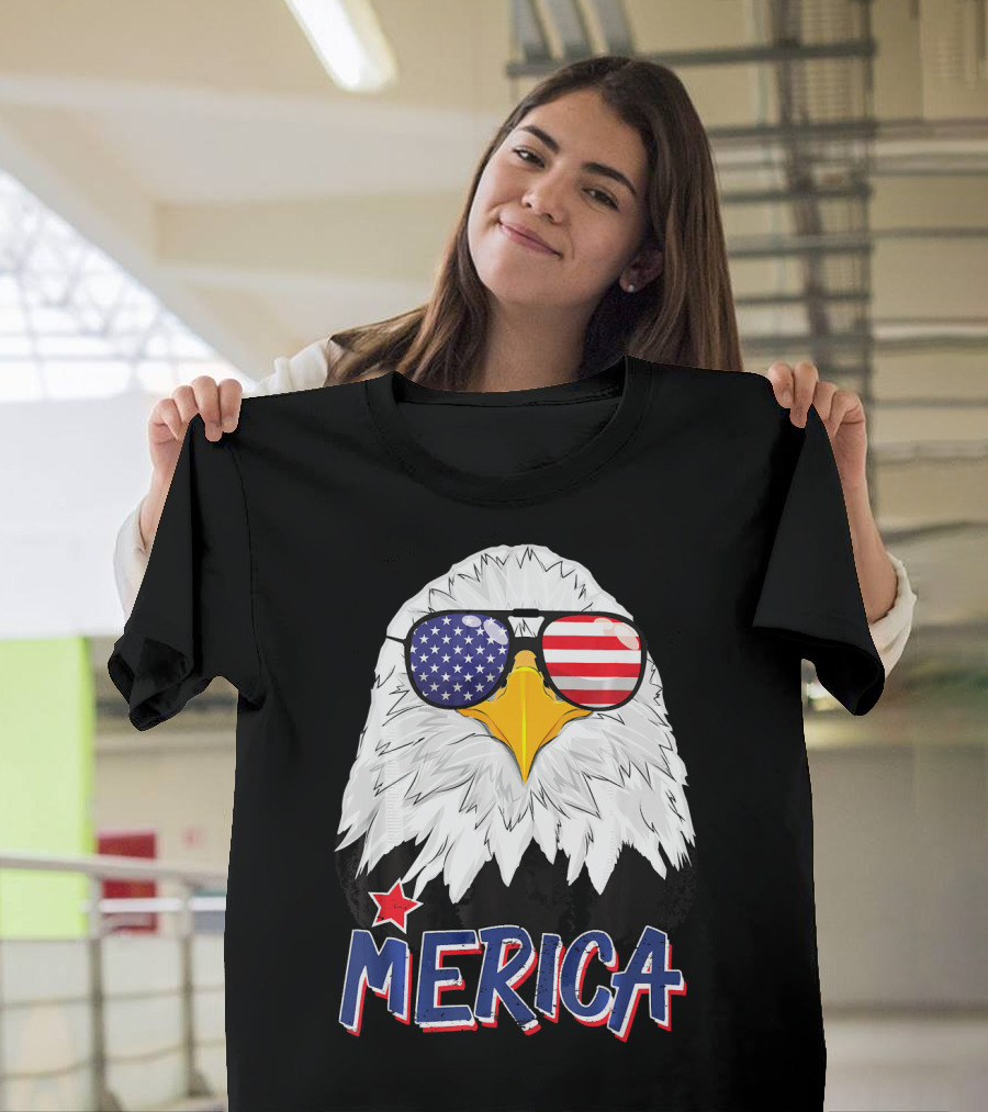 Merica American Bald Eagle USA Flag Glasses 4th Of July T-Shirt