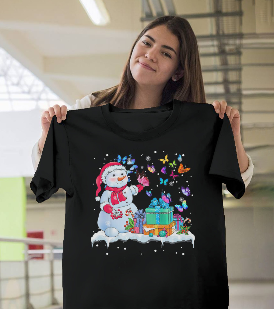 Butterfly Snowman with Winter Gifts and Colorful Butterflies T-Shirt